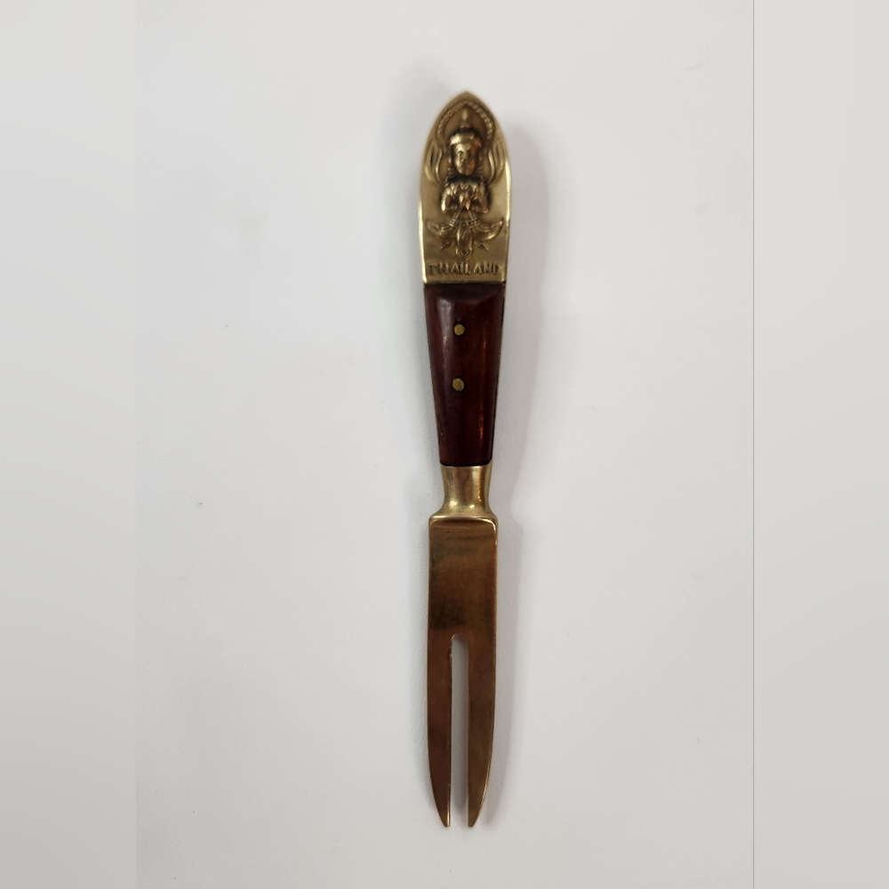 Vintage Thailand Brass 2 Prong hors d"oeuvre/cocktail Fork Buddha Handle